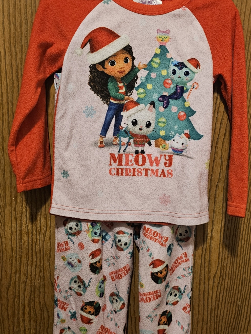 Girls Pink 'Meowy Christmas' Holiday Pajama Set with Red Sleeves
